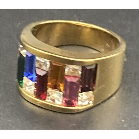 Art Deco Ring Yellow Gold Plated Multicolor Baguette Rhinestone CZ Band Sz 8.5 - Picture 2 of 9